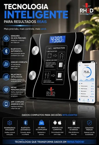 Balança Digital Inteligente com Bioimpedância NexMoney - design em vidro temperado