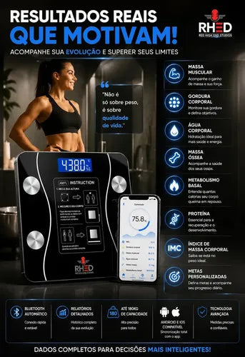 Balança Digital Inteligente com Bioimpedância NexMoney - display e app